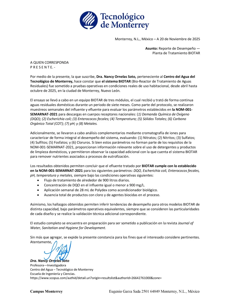 Certificado de Desempeño BIOTAR